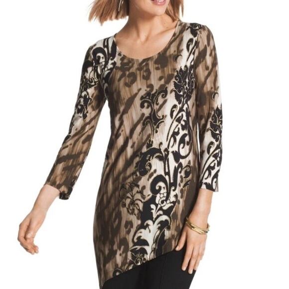 Chicos Travelers Asymmetrical Tunic Size 1 (Medium) Sierra Animal Shine Top - Picture 1 of 9